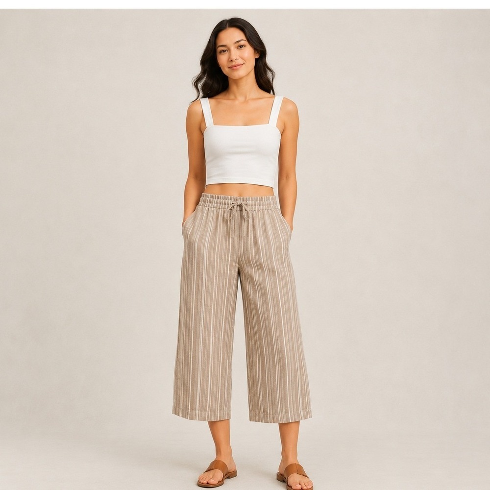 Briggs Women Tan Linen Blend Striped Crop Pants L Elastic Drawstring Boho Summer